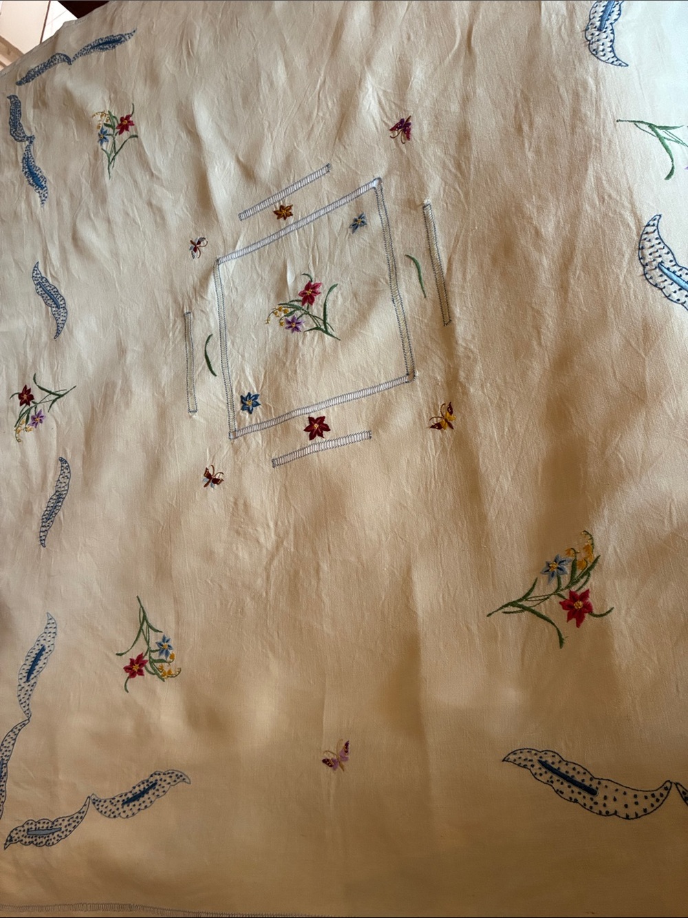 Vintage Embroidered Floral Linen Tablecloth